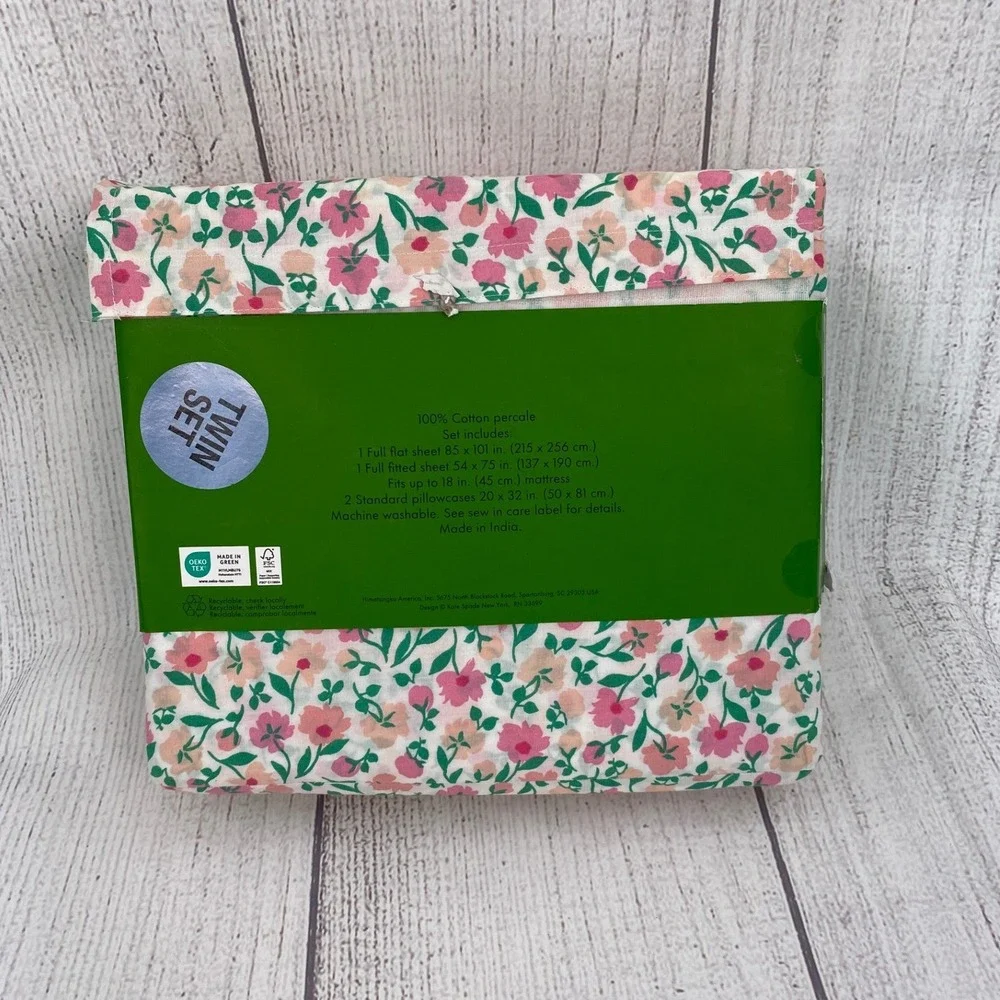 Kate Spade Floral Sheet Set Full White Pink Cotton Percale Garden Cottage